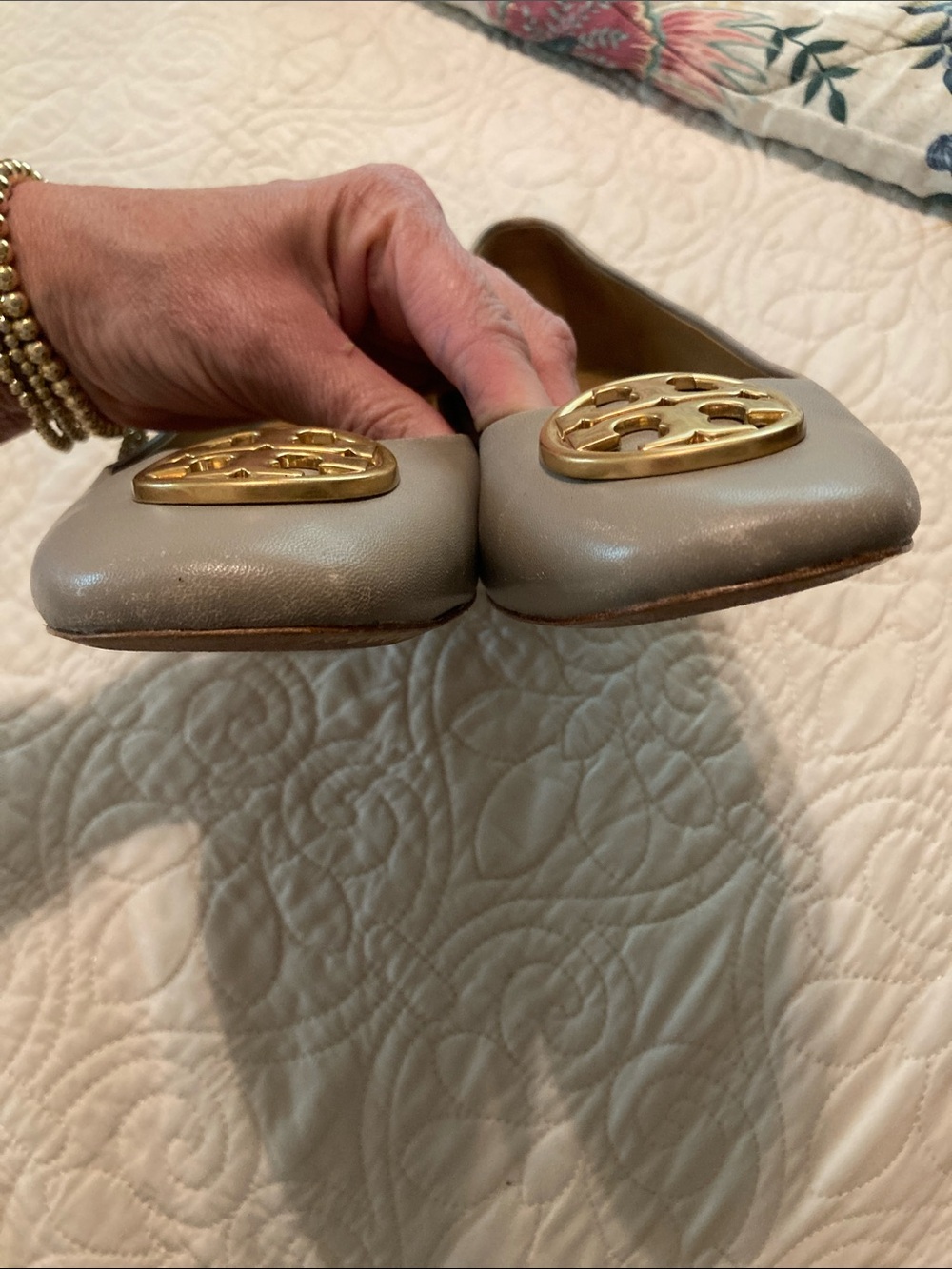 Tory Burch Chelsea Taupe Leather Logo Ballet Flats with Gold Medallions - Picture 12 of 12